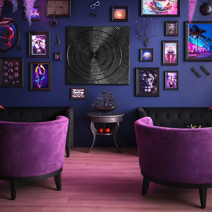Vibrant lounge with purple walls, eclectic art, purple velvet chairs, and a black sofa.