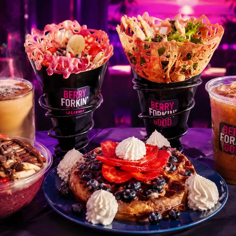 A vibrant spread of Berry Forkin' Good waffle, acai bowl, fruit cone, salad cone, and drinks.