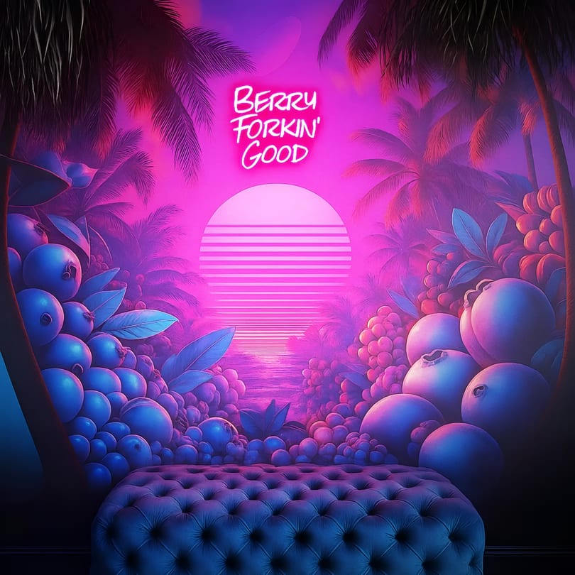 Neon 'Berry Forkin' Good' sign above a tufted bench, surrounded by large berries and palm trees in a pink vaporwave setting.