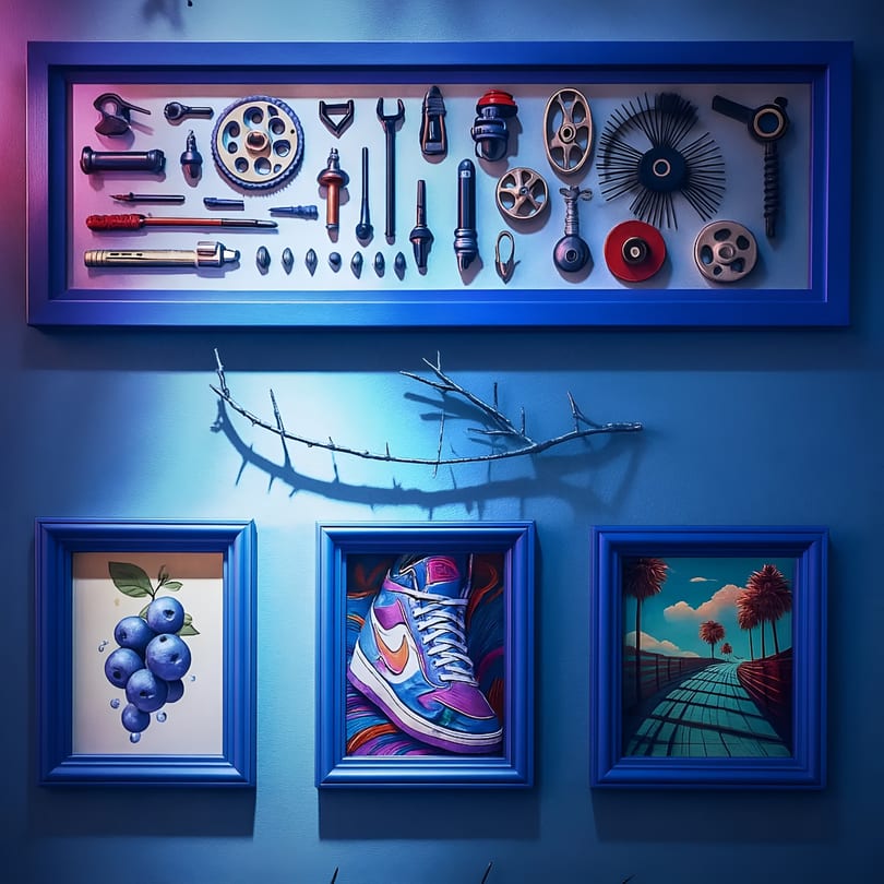 Blue wall with a framed tool collection, a branch, and three framed paintings: blueberries, a sneaker, and a road.
