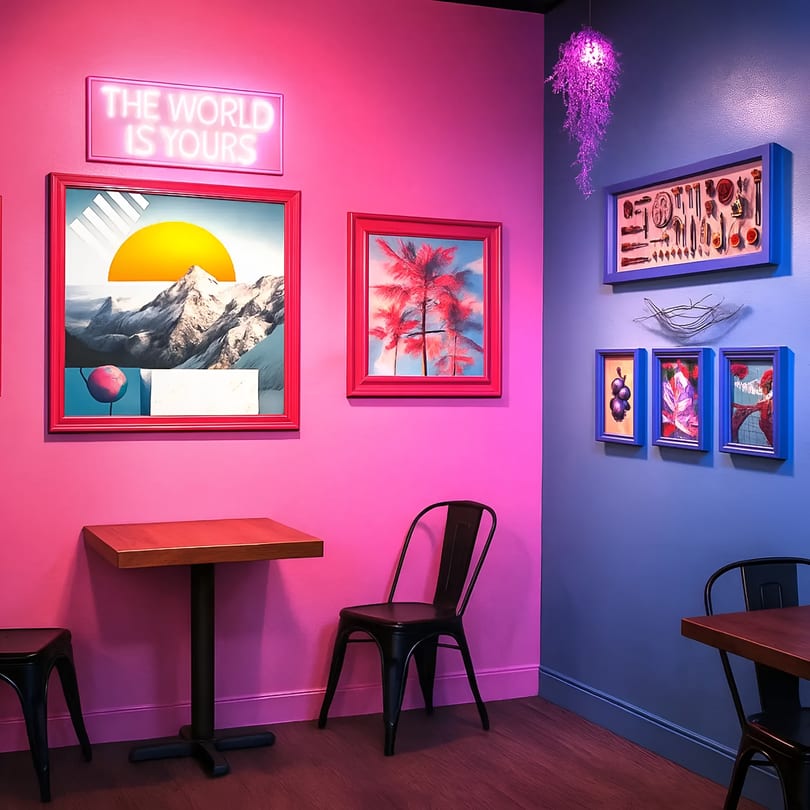 Vibrant restaurant interior with pink and blue walls, neon sign, framed art, and small tables.