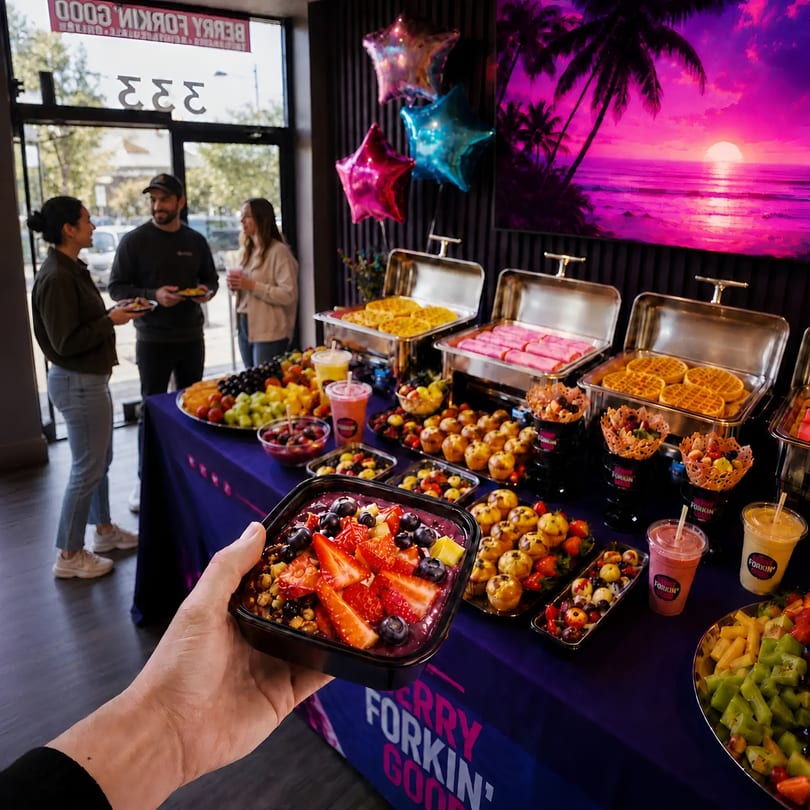 Hand holding a Berry Forkin' Good acai bowl, with a buffet of waffles, fruit, and smoothies.